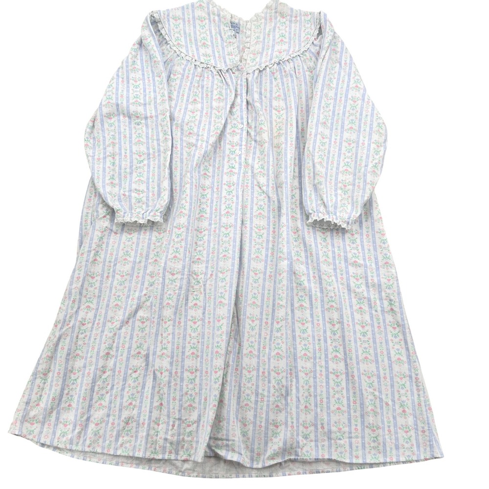 Lanz of Salzburg Flannel Nightgown Womens M Floral Stripe Lace Cottagecore